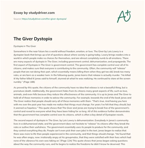 The Giver Dystopia Free Essay Example