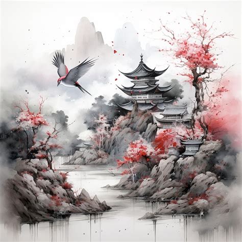 Premium Ai Image Black And White Japanese Landscape Ink Wash Painting