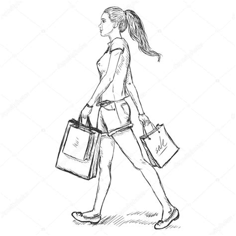 vector sketch brunette girl goes and is in the hands of shopping bags stock vector by ©nikiteev