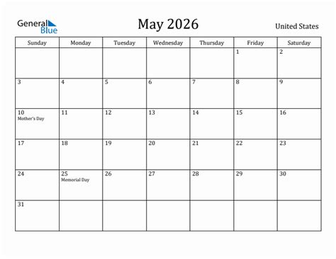May 2026 Monthly Calendar With United States Holidays