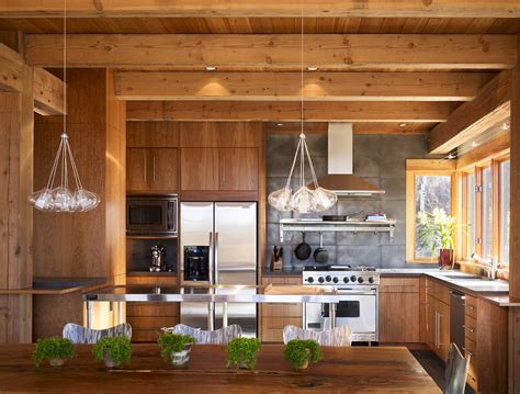 Our endurathane faux wood ceiling beams are an amazing investment, providing an exquisite look to your home interiors. Impressive puck lightsin Kitchen Rustic with Elegant Wood ...