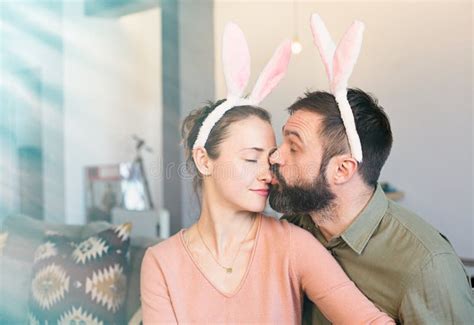Happy And Funny Easter Day Bunny Rabbit Couple Wearing Bunny Ears Costume Stock Image Image