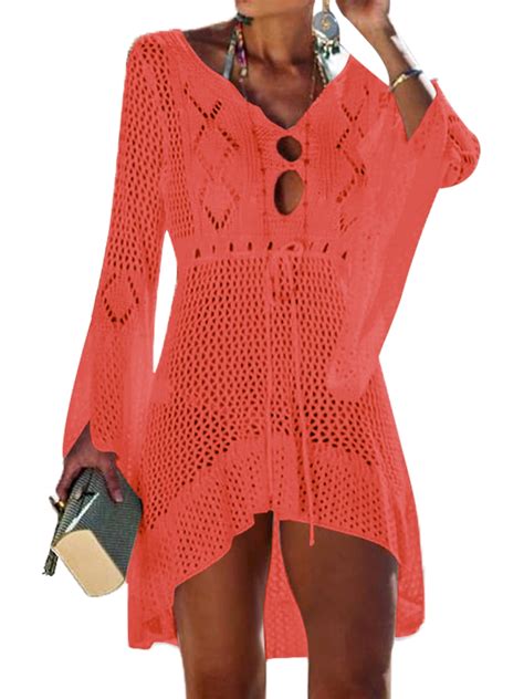 Woman Cover Up For Beach Summer Knit Hollow Out Swimwear Bandage V Neck Swim Bathing Suit Smock