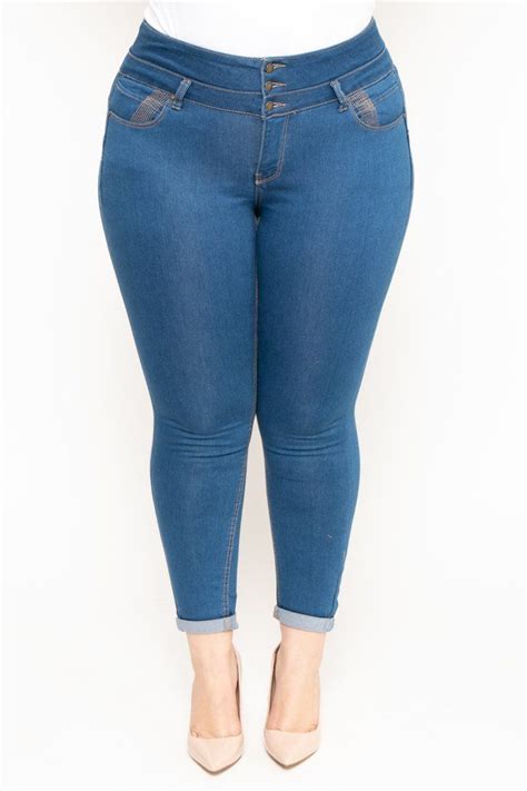 This Plus Size Stretchy Skinny Jean Features A High Wide Double Waist Band 3 Button Waist