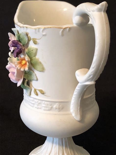 Vintage Lefton Small Pitcher Raised Flowers Kw4496 Gold Hand Painted 6