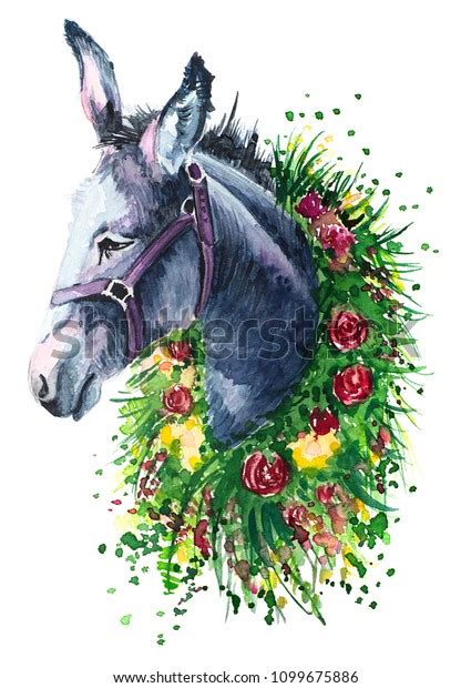 Watercolor Illustration Donkey Wreath Flowers Print Stock Illustration