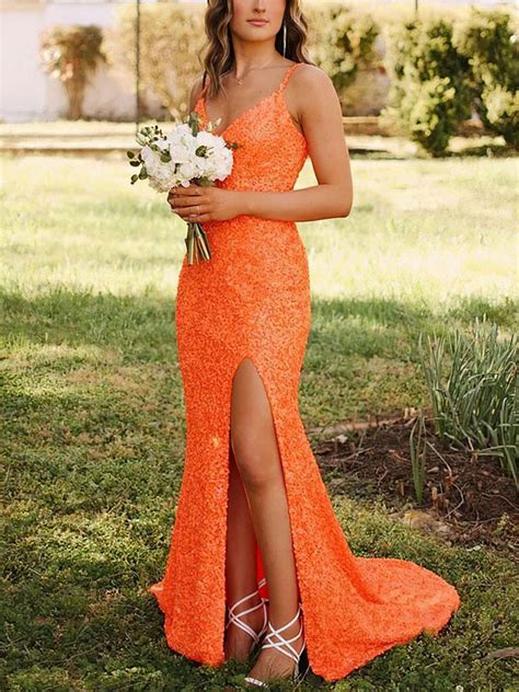 Sheathcolumn V Neck Sequined Sweep Train Prom Dresses With Split Front