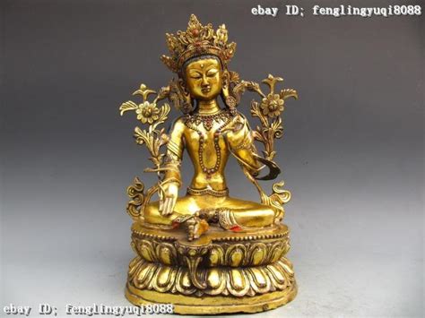Tibet Copper Bronze Gild Lotus Flower Green Tara Kwan Yin Guanyin Buddha Statue Ebay