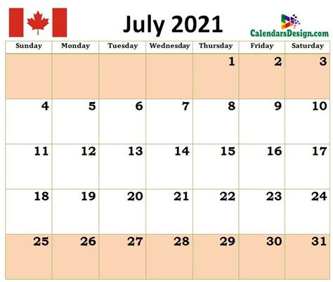 July 2021 Calendar Canada