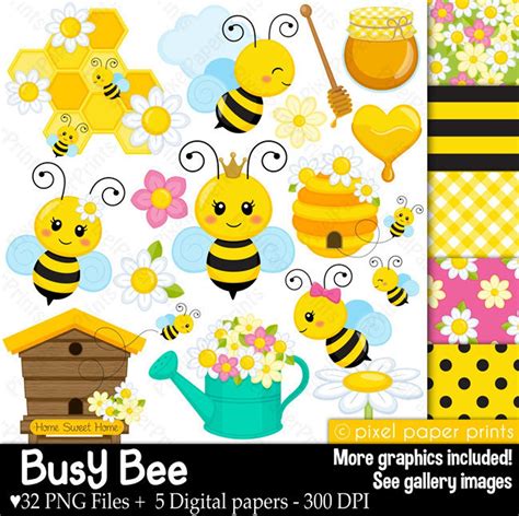 busy-bee-clip-art-and-digital-paper-set-spring-clipart-digital-download-digital-stickers