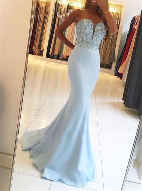 Light Blue Beaded Prom Dressesmermaid Sweetheart Evening Dress11945