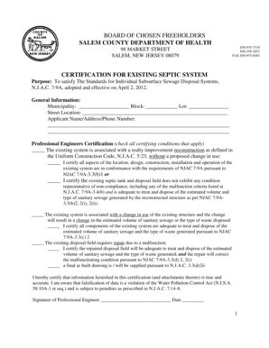 Fillable Online CERTIFICATION FOR EXISTING SEPTIC SYSTEM Fax Email