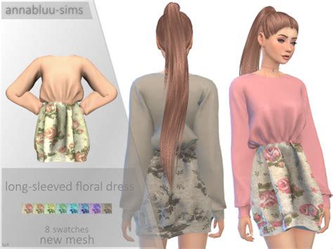 Long Sleeved Floral Dress Annabluus Custom Content Sims 4 Updates