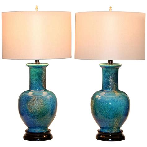 Pair Of Large Vintage Haeger Pottery Mottled Turquoise Lava Lamps At