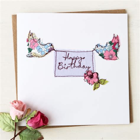 Birthday Bird Card Handmade Embroidered Design