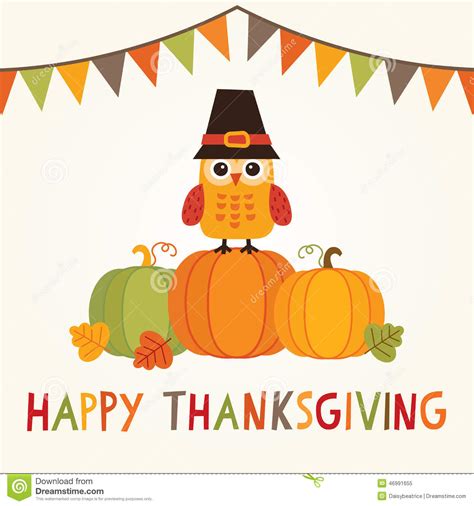 Happy Thanksgiving Card With Owl In Pilgrim Hat On