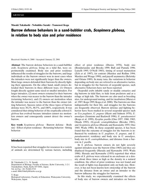 Pdf Burrow Defense Behaviors In A Sand Bubbler Crab Scopimera Globosa In Relation To Body