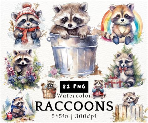 Chubby Raccoon Watercolor Clipart Cute Kawaii Cartoon Raccoons Baby