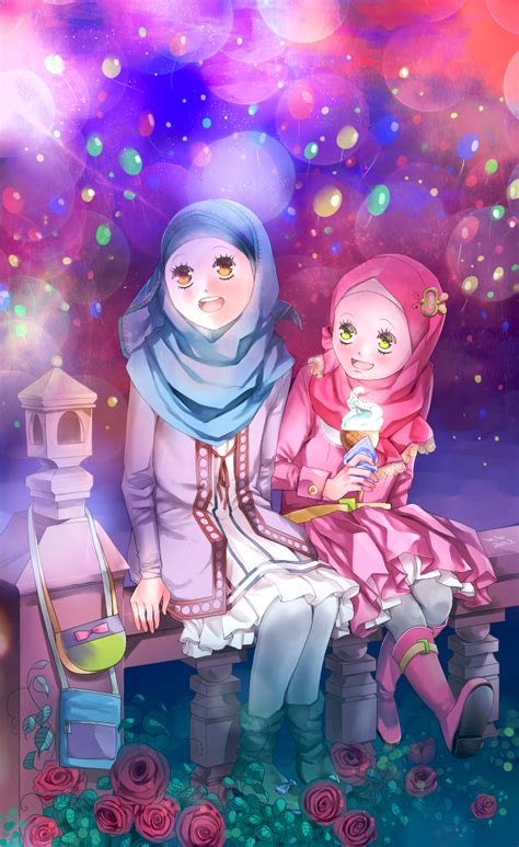 Happy Muslim Girls On Eid Day Manga And Anime Style Drawing Kartun