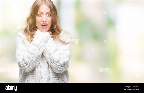 Beautiful Young Blonde Woman Wearing Winter Sweater Over Isolated