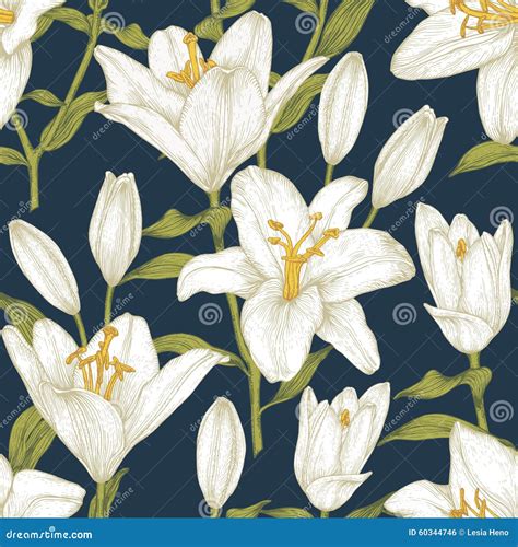 Vector Floral Seamless Pattern With White Lilies Stock Vector