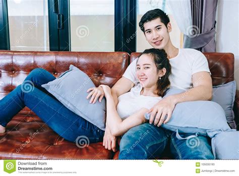 Asian Teen Couple Watching Tv Together Happily Stock Image Image Of Apartment Kitchen 105035193