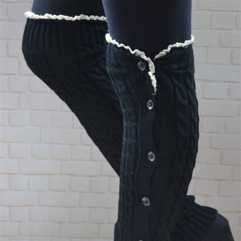 Black Button Down Knited Leg Warmers With Lace Lace Knee Sock Etsy