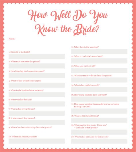 Printable Hen Do Game How Well Do You Know The Bride Party