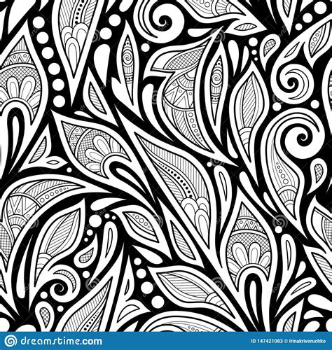 Monochrome Seamless Pattern With Floral Ethnic Motifs Stock Vector