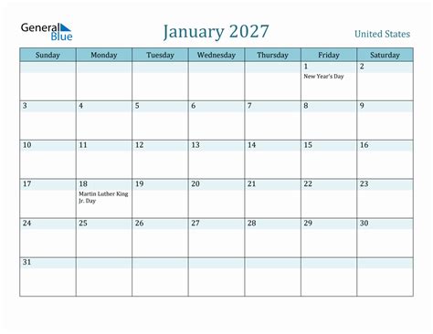 United States Holiday Calendar For January 2027