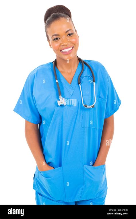 Portrait Of Happy African American Nurse Isolated On White Stock Photo