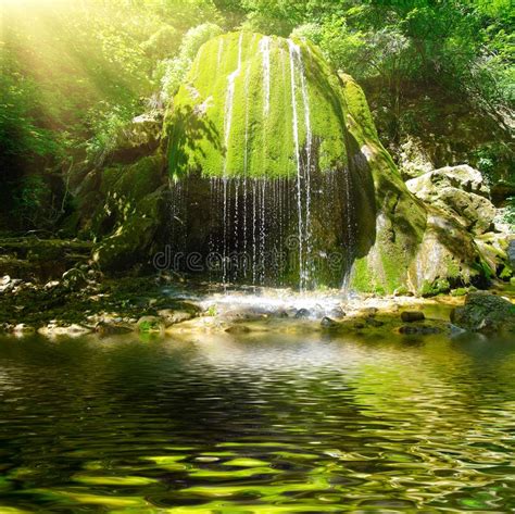 Mountain Waterfall In Summer In Sunny Weather Stock Photo Image Of
