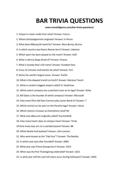 Bar Trivia Questions And Answers Printable Printable Questions And