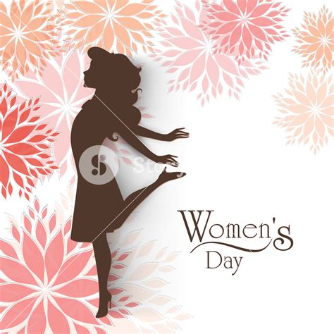happy womens day greeting card or poster design with silhouette of a girl on floral decorated