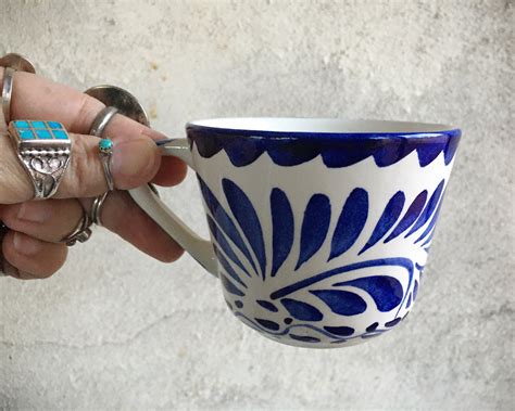 Three Vintage Mexican Anfora Puebla Blue Cups Blue And White Talavera