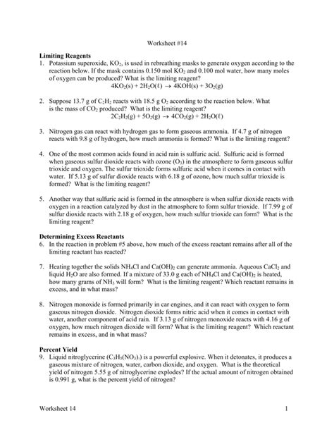 Limiting Reactant Theoretical Yield And Percent Yield Worksheet Answers