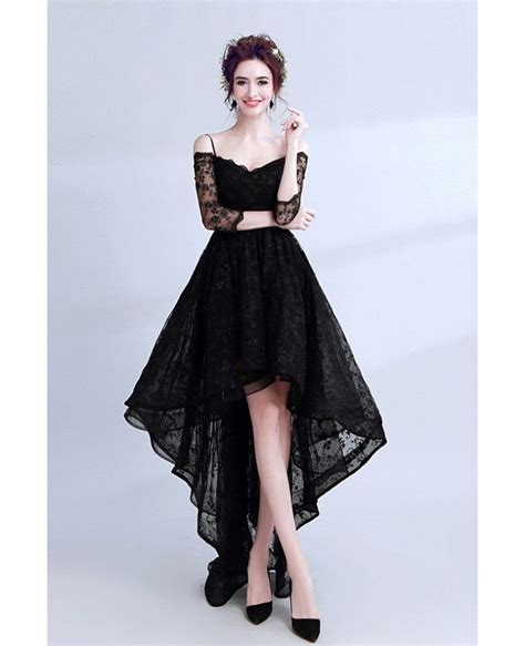 High Low Black Lace Prom Dress Sleeved With Spaghetti Straps Agp18190