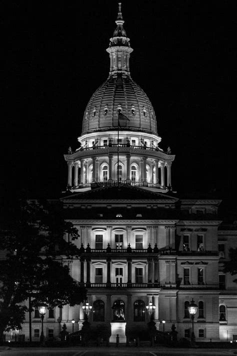 Lansing State Capitol Building In Michigan At Night In Black And White
