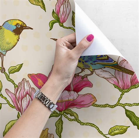 Floral And Birds Removable Wallpaper Pink Mural Self Adhesive Peel