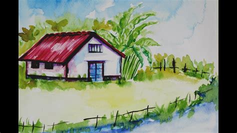 Easy Watercolor Landscape Painting With Hut For Kids Youtube