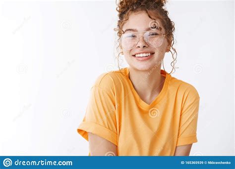 Close Up Charming Teenage Redhead Girl Wearing Glasses Messy Curly Bun