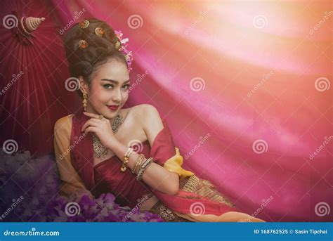 asian woman wearing typical traditional thai dress vintage original thailand attire stock image