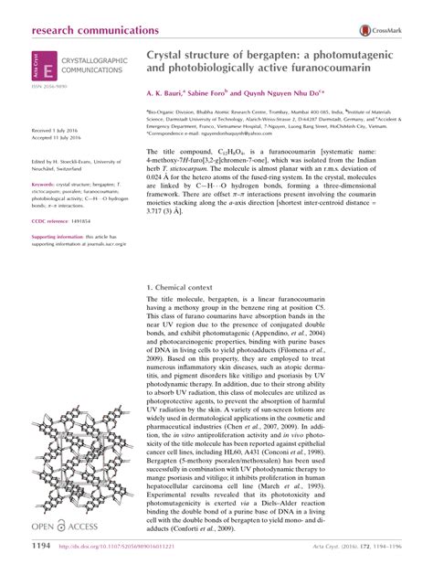 Pdf Crystal Structure Of Bergapten A Photomutagenic And