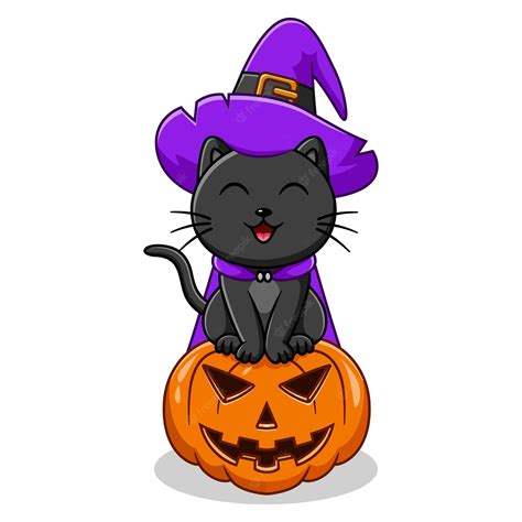 Premium Vector Cute Black Cat In Witch Hat Sitting On Halloween Pumpkin