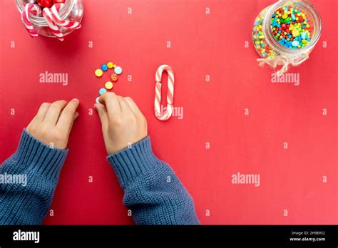 Boys Hands Making 2022 Festive Background From Candies Candy Canes