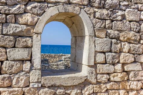 Ancient Stone Wall With A Window Stock Photo Image Of Natural Blue