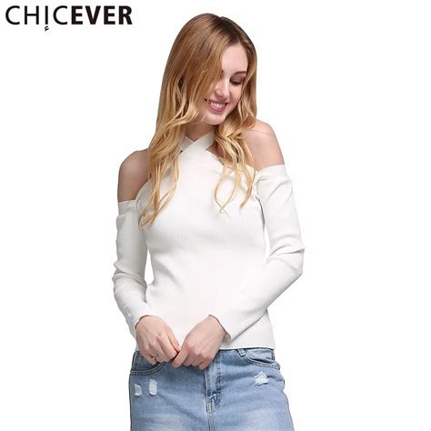 chicever sexy off shoulder female t shirts for women top long sleeve knitting pullovers autumn