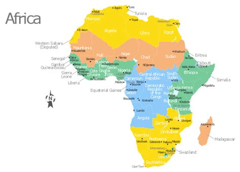 From wikimedia commons, the free media repository. Africa map with countries, main cities and capitals - Template