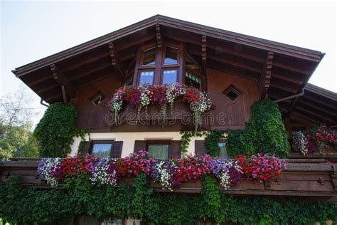 Typical Austrian Alpine Houses With Bright Flowers Village Filzmoos