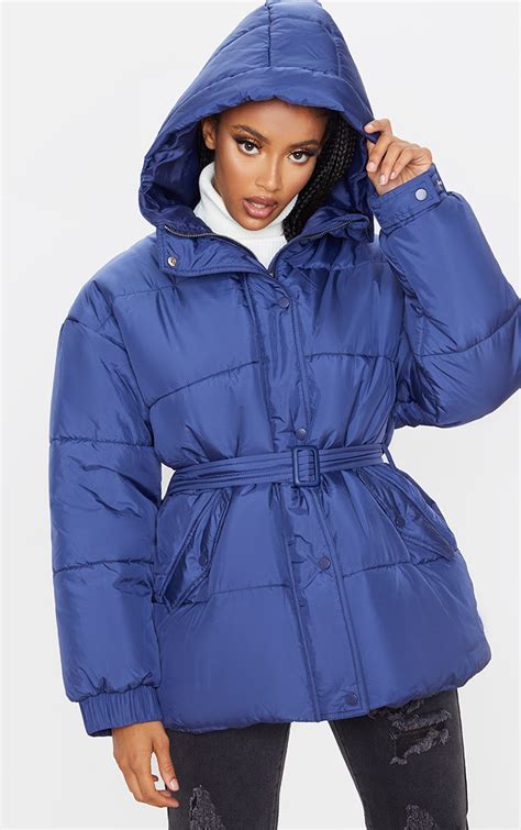 Navy Belted Puffer Coats And Jackets Prettylittlething Ca